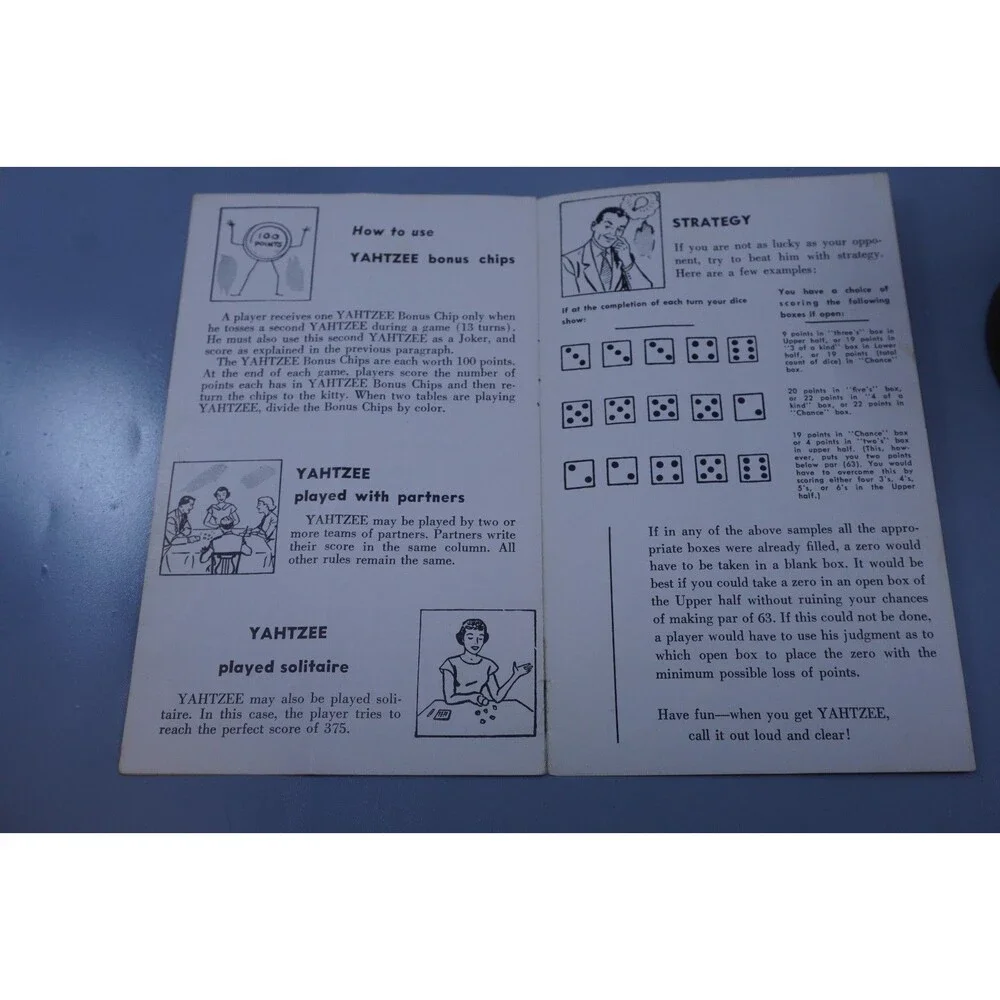 Vintage Yahtzee E. S. Lowe 1961 Game Parts Dice Cup and How To Play Guide